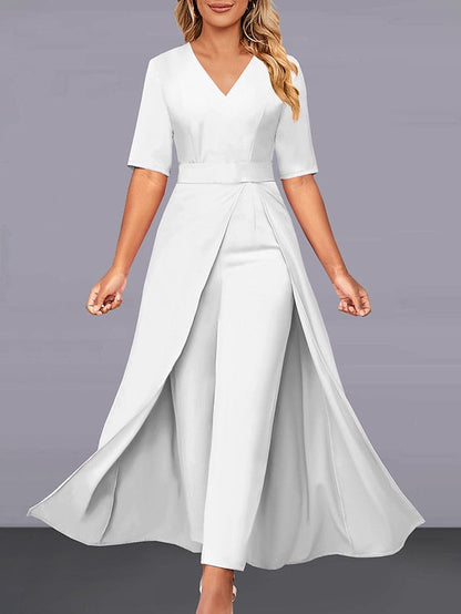 Elegant V Neck Jumpsuit with Overlay Detail