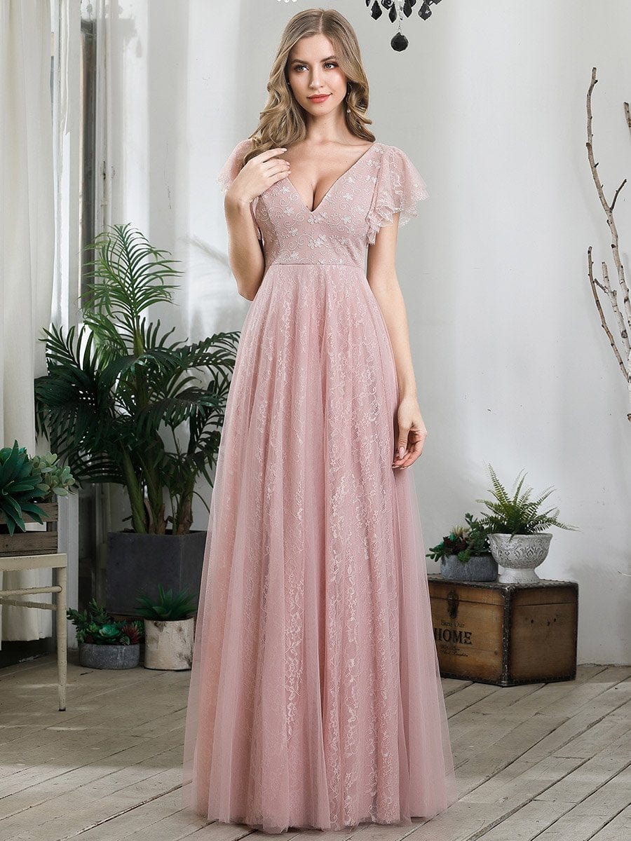 Graceful V-Neck Gown with Flowy Ruffle Sleeves