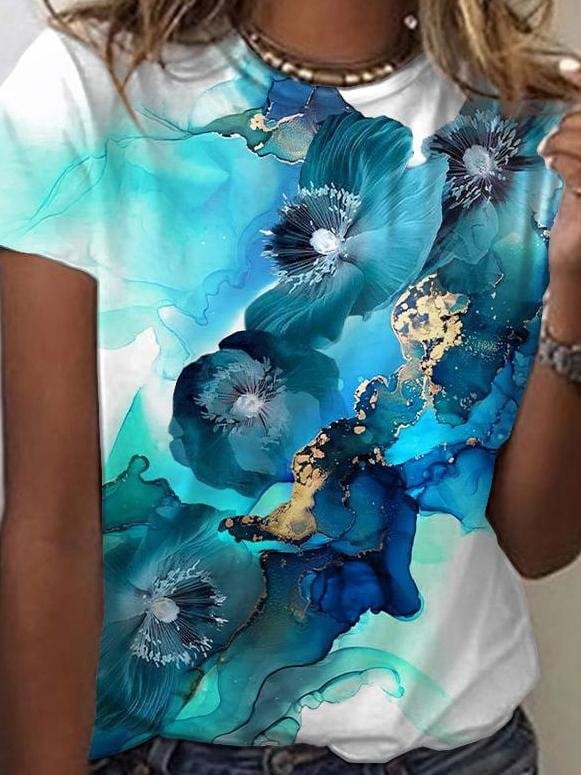 Gradient Floral Print Round Neck Short Sleeves T-Shirts