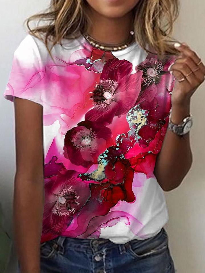 Gradient Floral Print Round Neck Short Sleeves T-Shirts