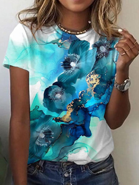Gradient Floral Print Round Neck Short Sleeves T-Shirts