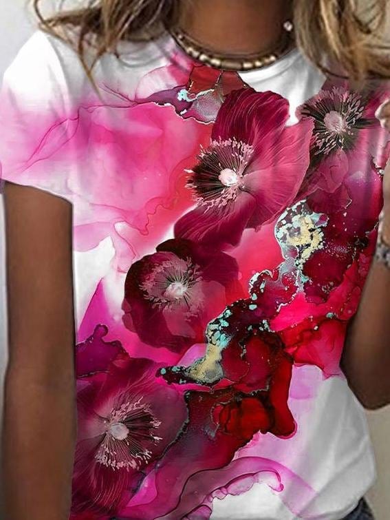 Gradient Floral Print Round Neck Short Sleeves T-Shirts