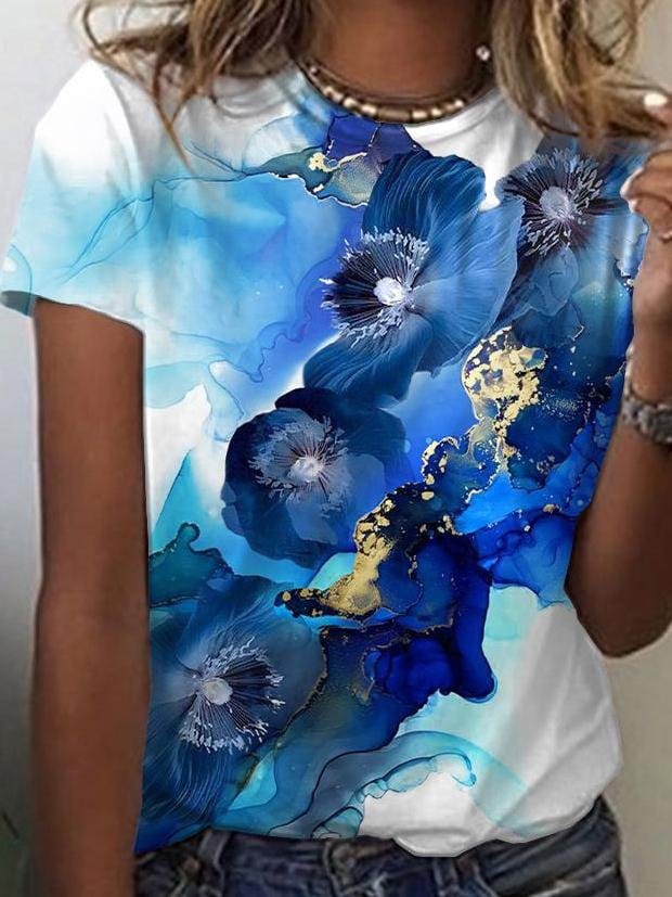 Gradient Floral Print Round Neck Short Sleeves T-Shirts