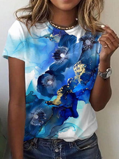 Gradient Floral Print Round Neck Short Sleeves T-Shirts