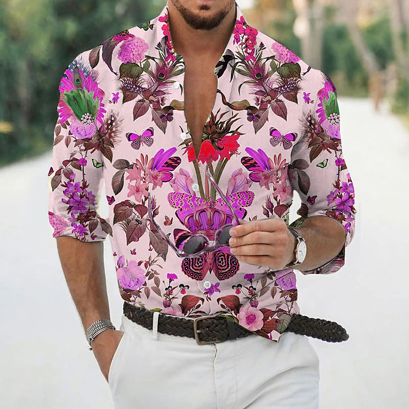 Valentines Day Butterfly'S Tale Mens Graphic Shirt Casual Classic Collar Blue Purple Green Gray Print Vacation Going Out Long Sleeve Clothing Apparel Designer Floral Pink Cotton
