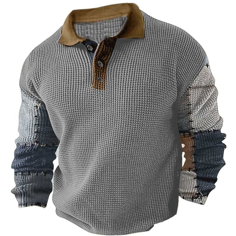 Color Block Plaid Men's Long Sleeve Waffle Fabric Polo Shirt - Dark Navy Blue