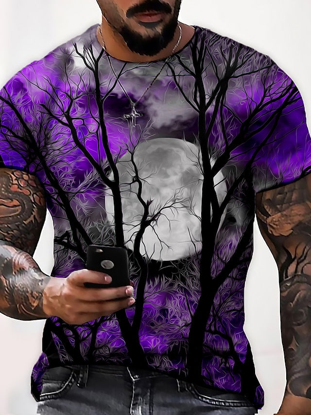 Trees Casual Mens 3D Shirt For Halloween | Purple Summer Cotton | Men'S Unisex Tee Moon Graphic Prints Crew Neck Wine Blue Yellow Red 3D Daily Short Sleeve