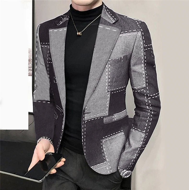 Christmas Blazer Mens Graphic Jacket Patchwork 3D Shirt For Business | Black Winter Denim Floral Plaid Check Fashion Streetwear Coat To Going Out Fall & Turndown Long Sleeve