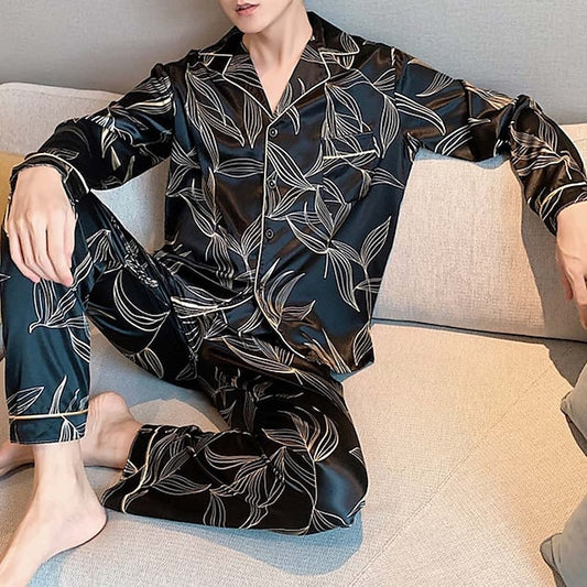 Men's Sleepwear Silk Pajama 2 Pieces Star Leaves Simple Comfort Home Daily Faux Silk Breathable Lapel Long Sleeve Pant Pocket Fall Spring Black Blue