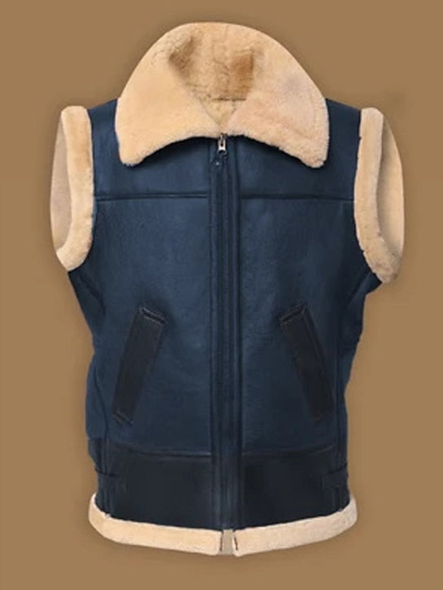 Vintage Retro Men's Leather Shearling Zip-Up Vest with Faux Fur Lining in Deep Green