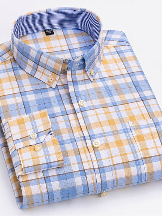 Yellow & Blue Striped Men's Graphic Dress Shirt with Turndown Collar