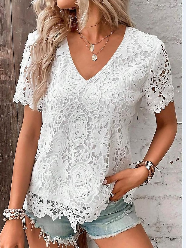 Women's T shirt Tee Black White Wine Plain Lace Short Sleeve Casual Basic V Neck Regular S - LuckyFash™