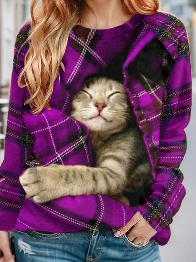 Festive Plaid Cat Christmas Sweatshirt for Women