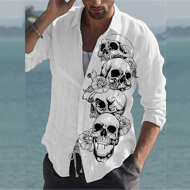 Men's Shirt Graphic Shirt Skull Turndown White 3D Print Outdoor Street Long Sleeve Button-Down Print Clothing Apparel Fashion Designer Casual Breathable