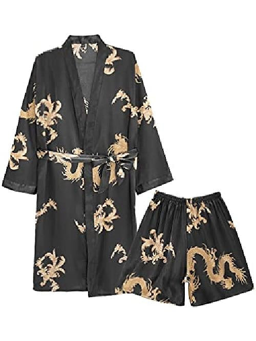 Men's Plus Size Pajamas Robe Silk Robe Sleepwear 2 Pieces Animal Luxury Home Faux Silk Polyester Long Sleeve Shorts Belt Included Spring Summer Black Blue