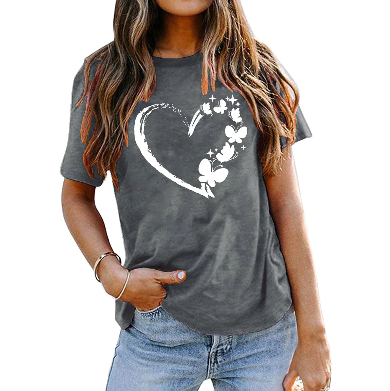 Heart Butterfly Print 100% Cotton Women's T-shirt Peace Green & Black White Basic Short Sleeve