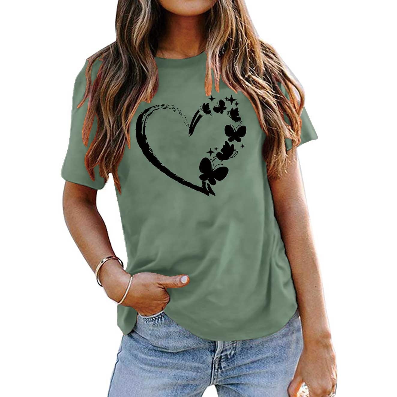 Heart Butterfly Print 100% Cotton Women's T-shirt Peace Green & Black White Basic Short Sleeve