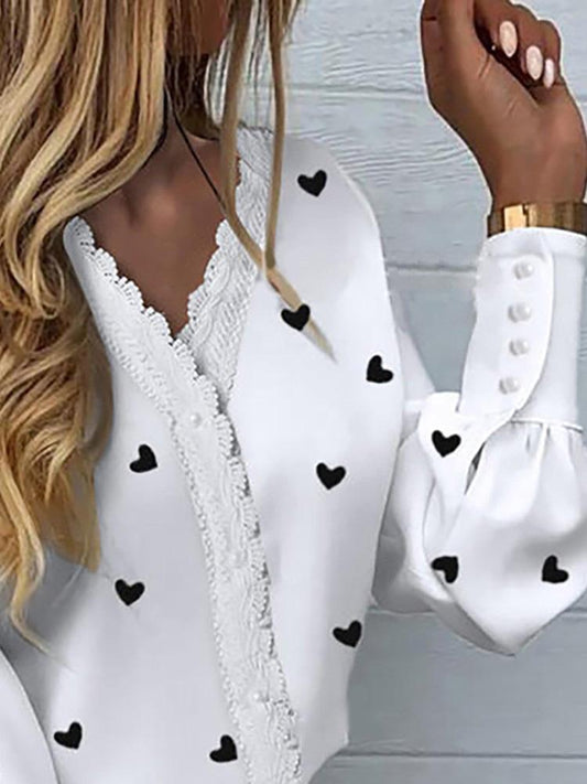 Heart Print Lantern Sleeve Shirt BLO210429044S White / S