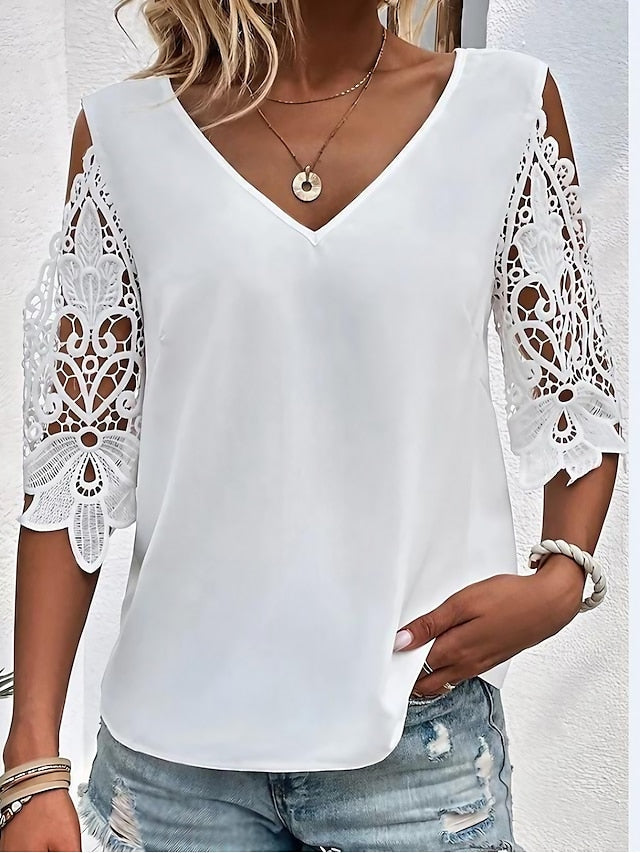 Stylish Women's V Neck Lace Blouse - White/Pink/Blue - Half Sleeve