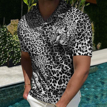 Men's Golf Shirt Animal Leopard Short Sleeve Casual Daily Turndown Print Brown Tops Fashion Designer Casual Breathable / Sports