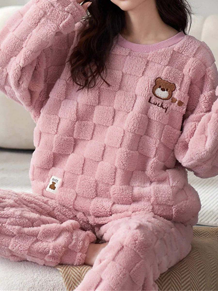 Stylish Women's Cozy Pink Checkered Pajamas Set with Bear Design