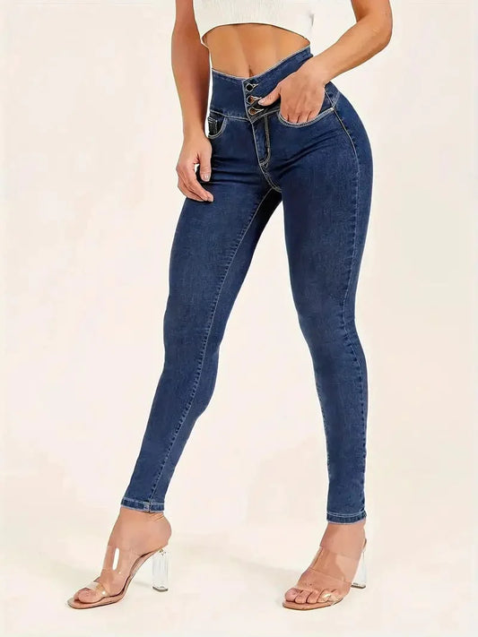 High Rise Skinny Jeans with Slim Fit, Button Fly, and Stretchy Tight Design for Women
