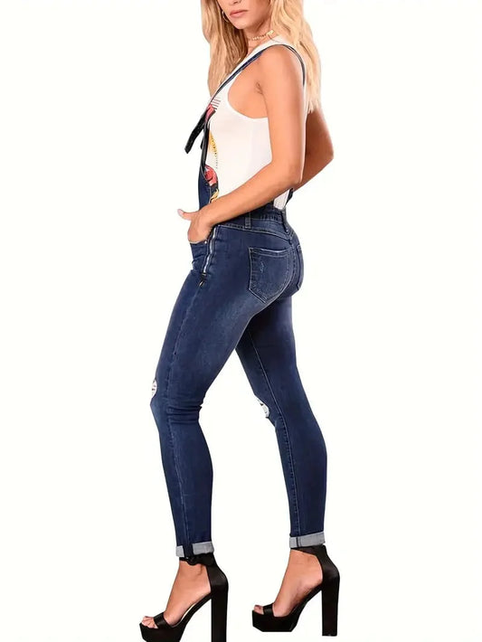 High Stretch Denim Washed Overalls with Ripped Roll Up Hem and Adjustable Strap Women's Jumpsuit
