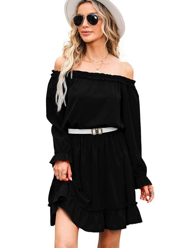 High Waist One-Line Collar Dress with Long Lantern Sleeves