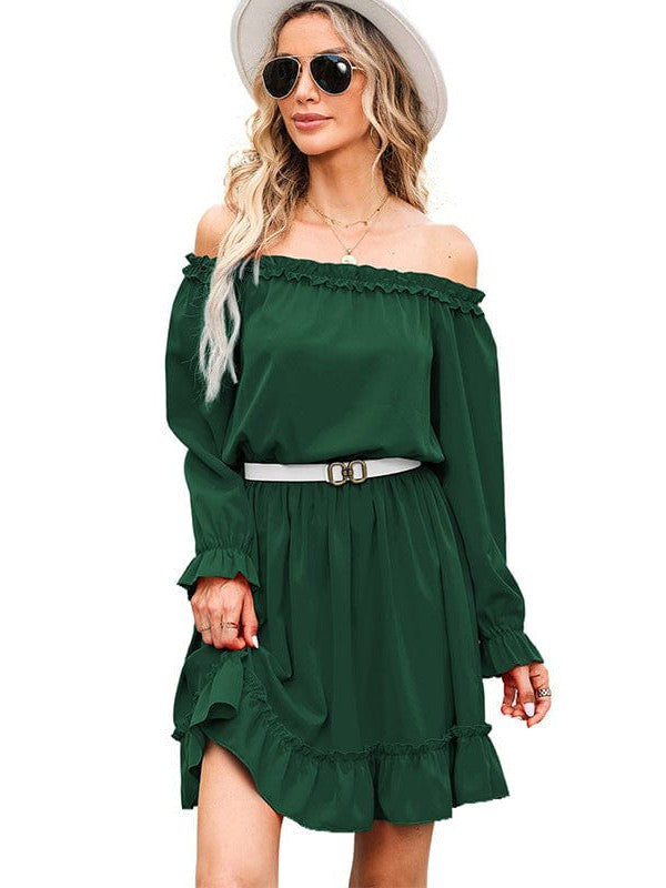 High Waist One-Line Collar Dress with Long Lantern Sleeves