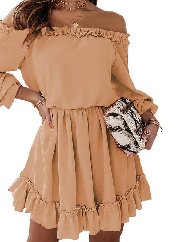 High Waist One-Line Collar Dress with Long Lantern Sleeves