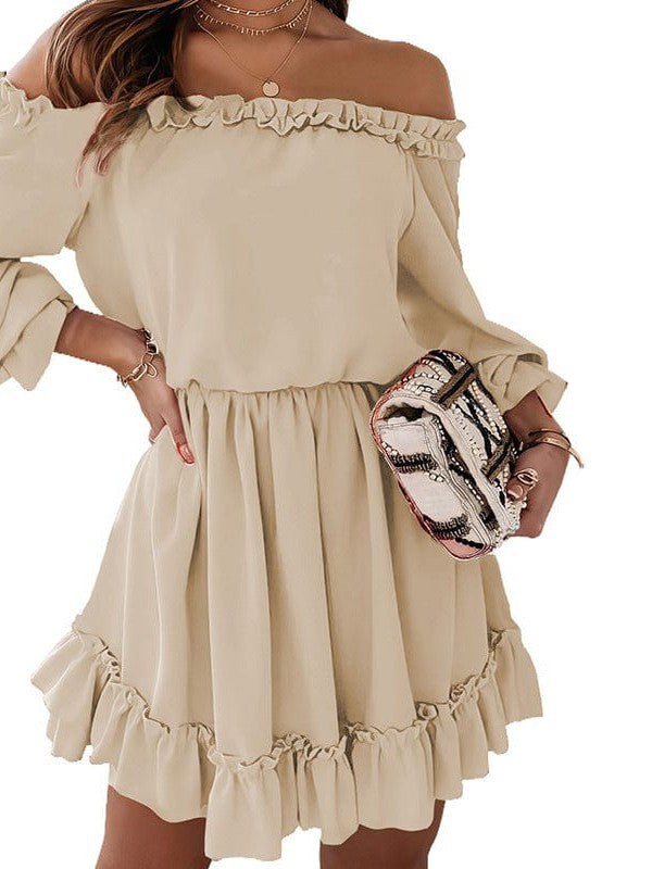 High Waist One-Line Collar Dress with Long Lantern Sleeves