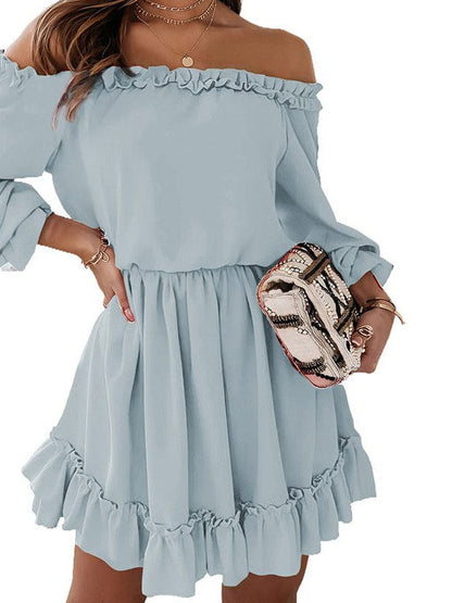 High Waist One-Line Collar Dress with Long Lantern Sleeves