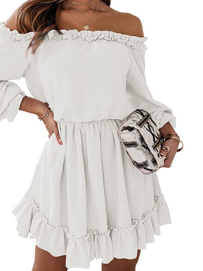 High Waist One-Line Collar Dress with Long Lantern Sleeves