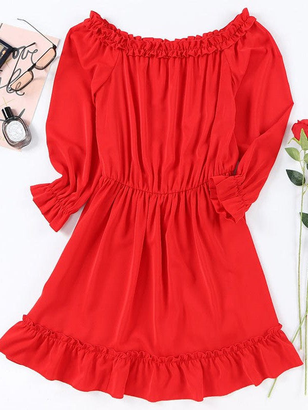 High Waist One-Line Collar Dress with Long Lantern Sleeves