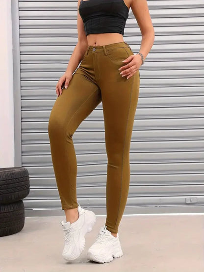 High Waisted Slim Fit Denim Jeans with Street Style Pockets in Various Colors for Women