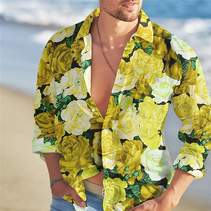 Hawaiian Floral Rose Men's Shirt with Vibrant Graphic Prints - Streetwear Designer Style