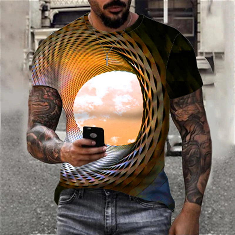 3D Clouds Illusion Men's Tee | Blue Geometric Summer Shirt | Round Neck Cotton Street Fashion