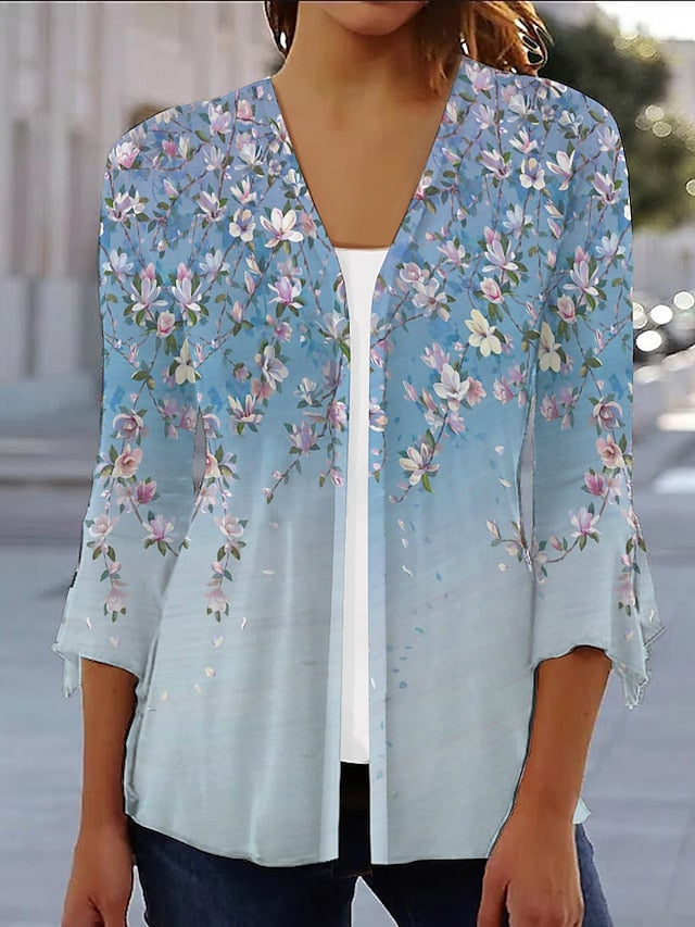 Women's Casual Jacket Print Flower Daily Loose Fit Outerwear 3/4 Length Sleeve Light Blue S - LuckyFash™