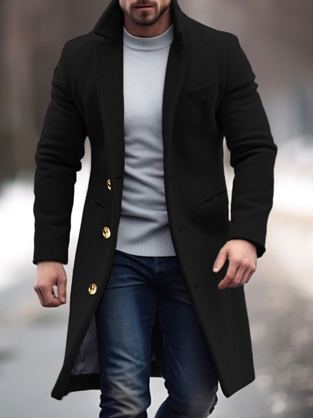 Winter Polyester Men's Trench Coat - Stylish Office & Career Outerwear