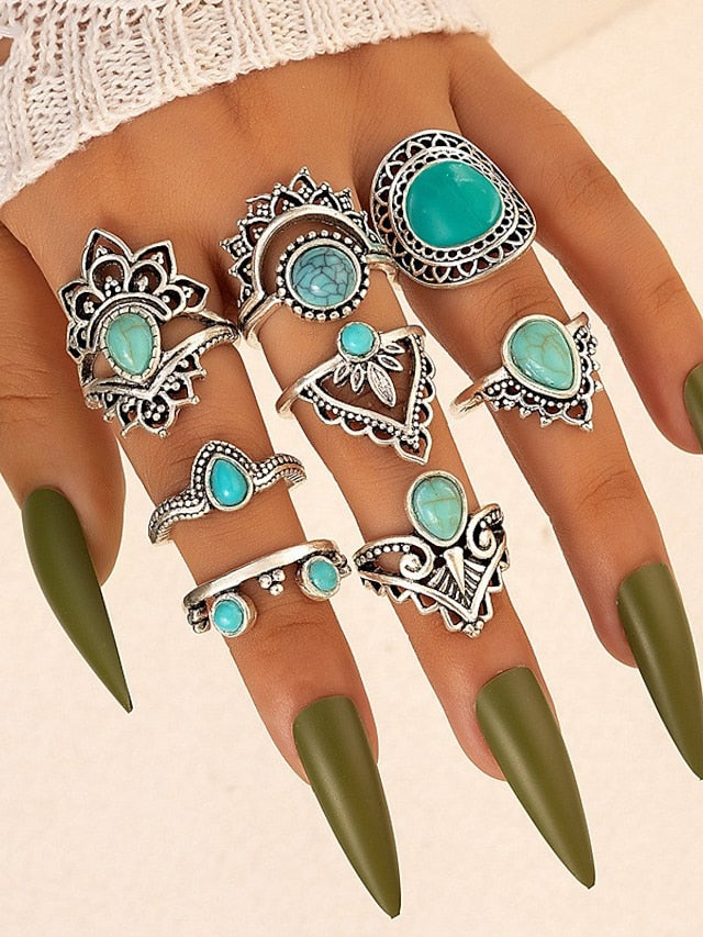 Vintage Style Turquoise Blue Women's Full Finger Ring Set for Daily Wear and Festivals