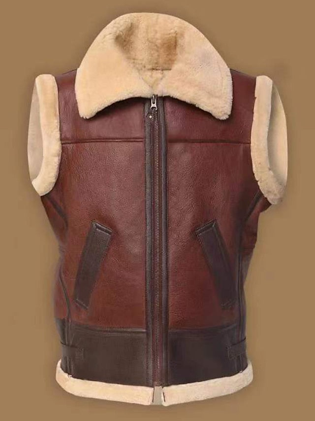 Vintage Retro Men's Leather Shearling Zip-Up Vest with Faux Fur Lining in Deep Green