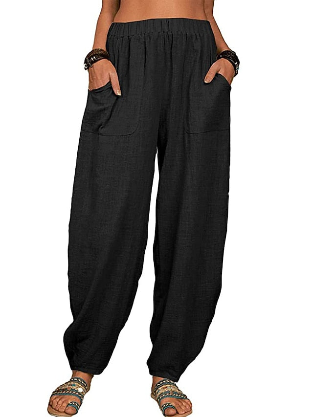 Yoga Fitness Women's High Waist Wide Leg Linen Pants - White/Black/Gray