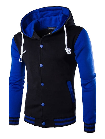 Blue and Yellow Color Block Men's Button Up Hoodie - Stylish Cotton Hooded Sweatshirt for Active Winter Wear