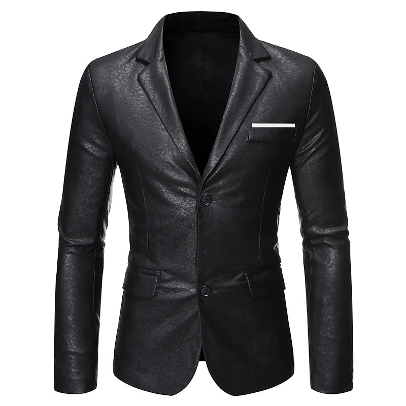 Men's Faux Leather Jacket Blazer Business Cocktail Party Party & Evening Fashion Casual Fall & Winter Polyester Plain Button Pocket Casual / Daily Single Breasted Two-button Blazer Black Red Coffee