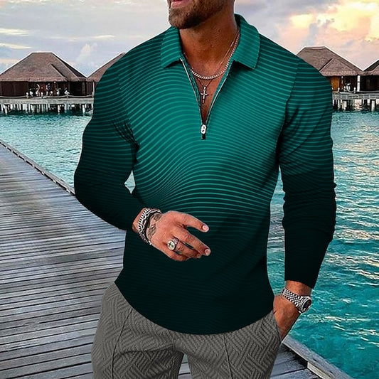 3D Print Men's Collar Polo Shirt with Zipper - Striped Turndown Design