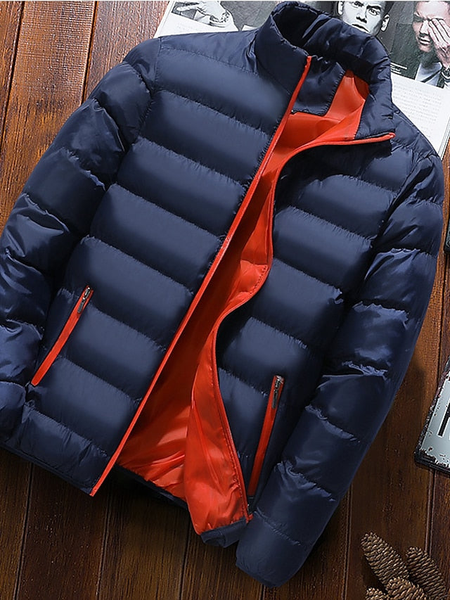 Men's Winter Jacket Puffer Jacket Padded Classic Style Sports Outdoor Windproof Warm Winter Solid Color Black Wine Red Navy Blue Puffer Jacket