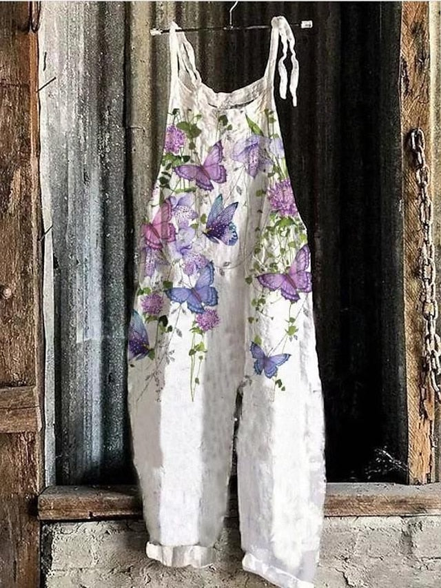 Women's Jumpsuits Casual Summer Cotton And Linen Strappy Pants Printed Suspenders - LuckyFash™