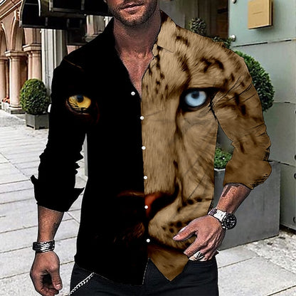 Men's Shirt Graphic Shirt Animal Leopard Turndown Black White Yellow Blue Brown 3D Print Outdoor Street Long Sleeve Button-Down Print Clothing Apparel Fashion Designer Casual Breathable