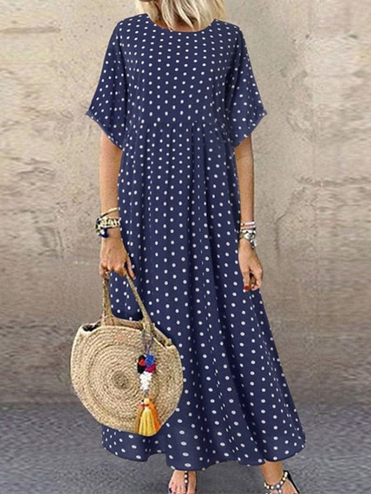 Stylish Polka Dot Maxi Dress for Women in Green, Blue, and Yellow - Elegant and Versatile with Short Sleeves