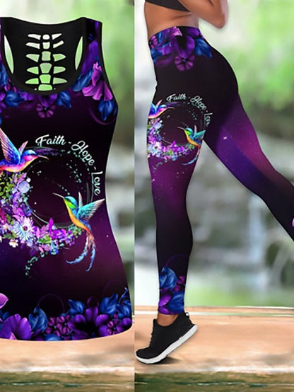 Women's Activewear Set 3D Set 3D Tracksuit 3D Print 2 Piece Floral Leggings Tank Top Violet Black Spandex Yoga Fitness Gym Workout High Waist Tummy Control Butt Lift Breathable Sleeveless Sport - LuckyFash™